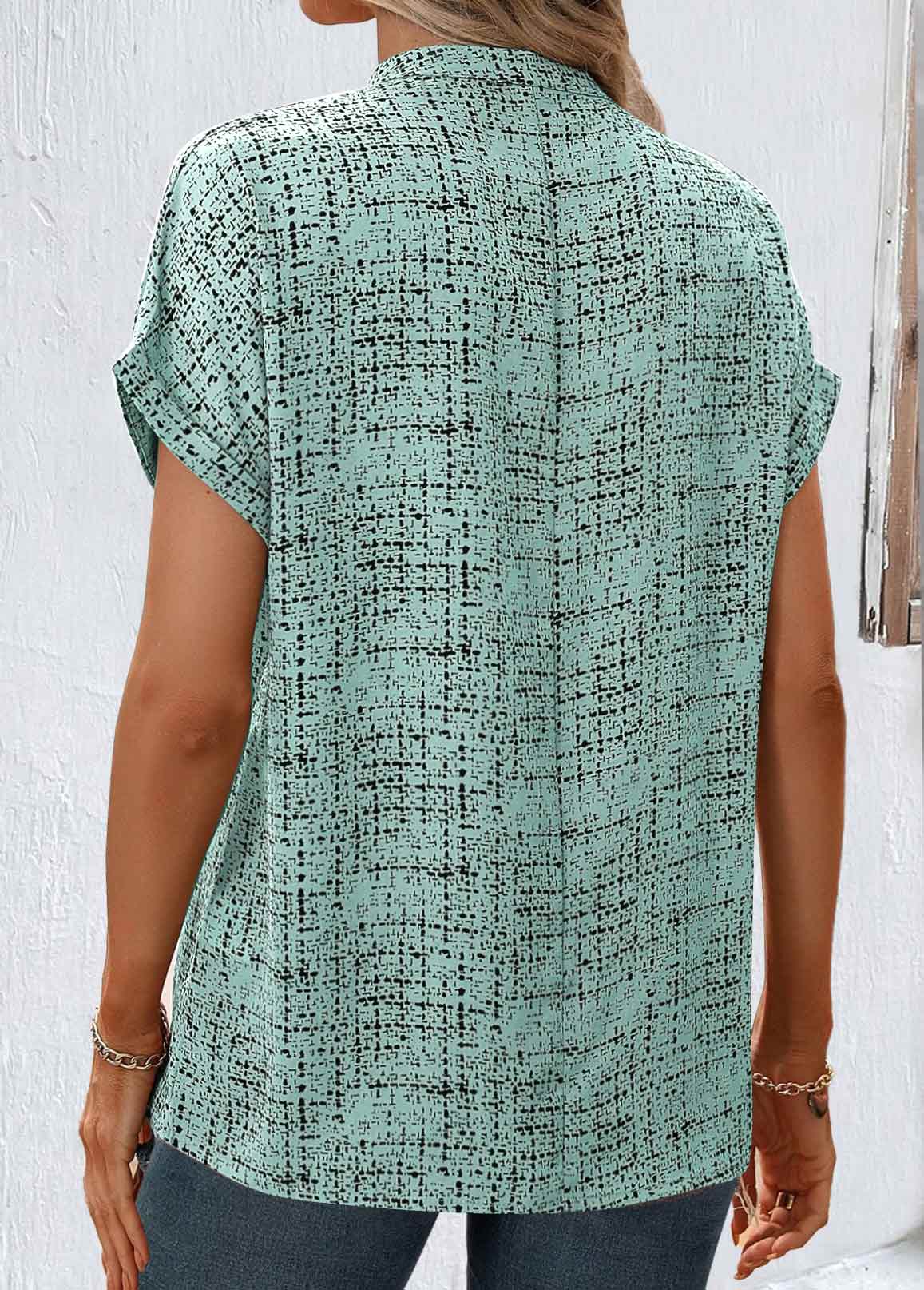 ROTITA Split Geometric Print Sage Green Short Sleeve Blouse