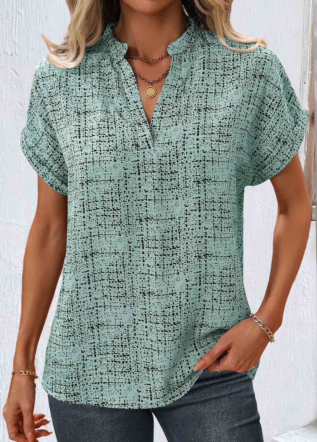ROTITA Split Geometric Print Sage Green Short Sleeve Blouse