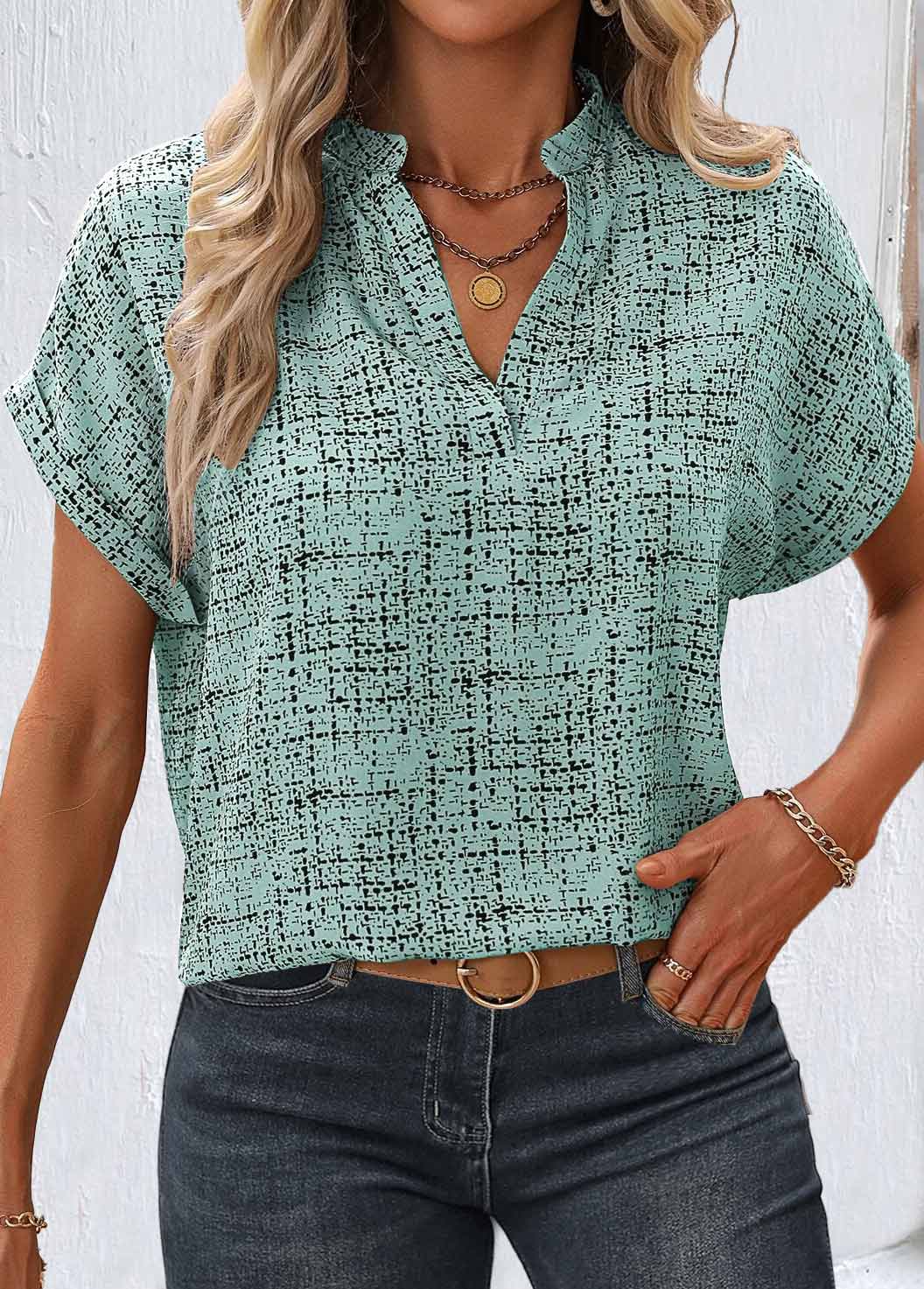 ROTITA Split Geometric Print Sage Green Short Sleeve Blouse