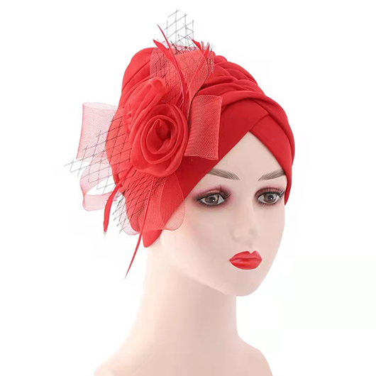 Red Cotton Detail Patchwork Turban Hat