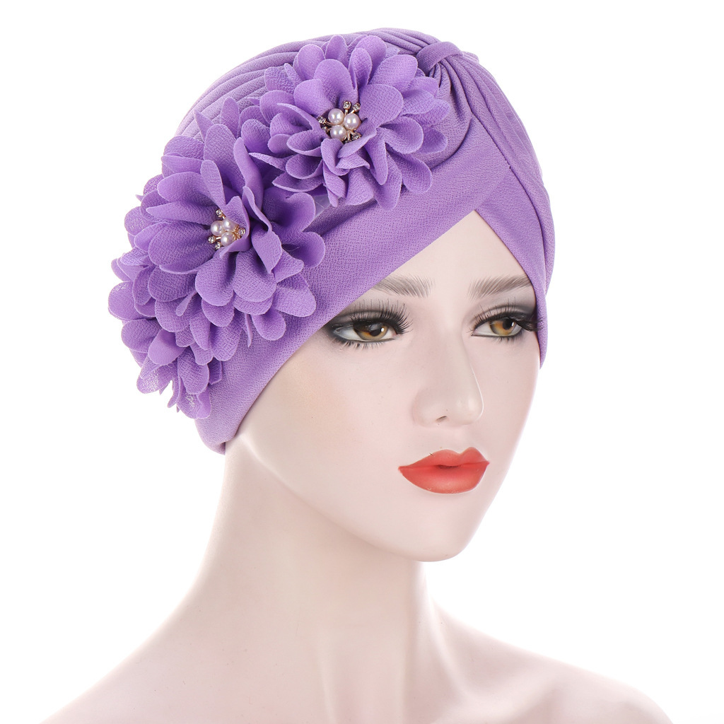 chapeau turban en coton violet avec détail de forage à chaud