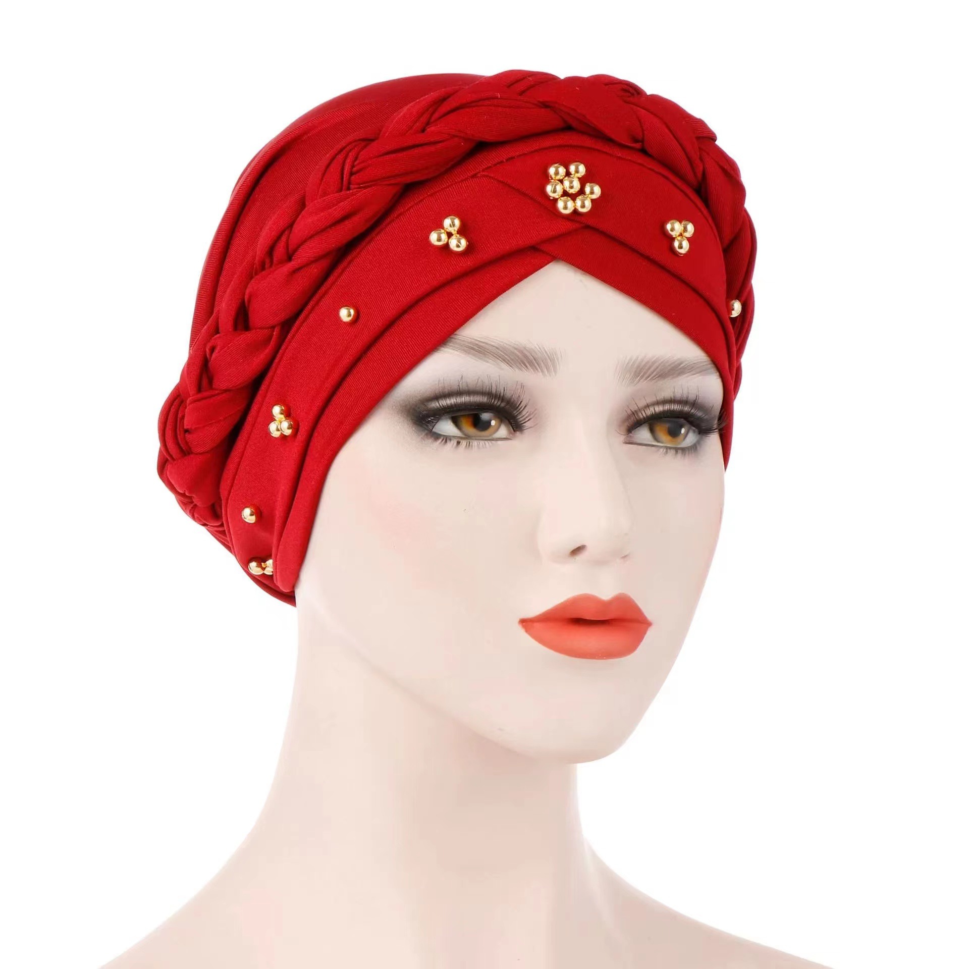 Polyester Detail Red Pearl Turban Hat