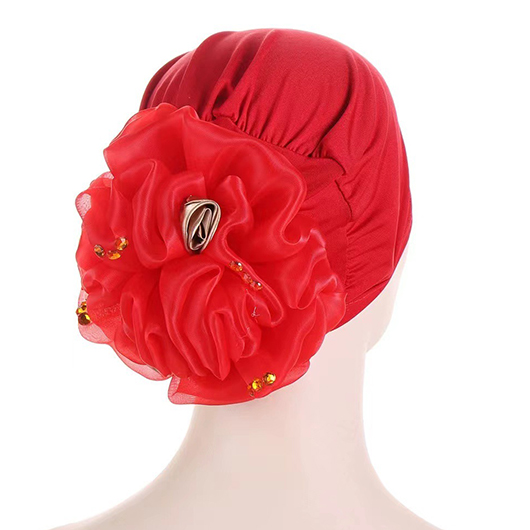 Red Rhinestone Detail Patchwork Turban Hat