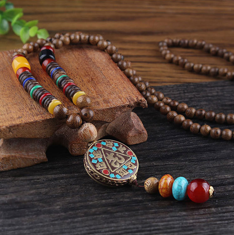 Tribal Design Round Multi Color Wooden Necklace