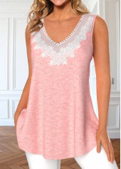 Light Pink tops,Plain Color tops,ROTITA Lace Light Pink V Neck Tank Top
