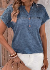 Dusty Blue tops,Plain Color tops,ROTITA Lace Dusty Blue Split Neck Short Sleeve Blouse