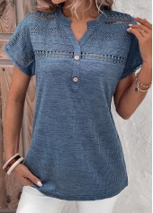 Dusty Blue tops,Plain Color tops,ROTITA Lace Dusty Blue Split Neck Short Sleeve Blouse