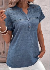 Dusty Blue tops,Plain Color tops,ROTITA Lace Dusty Blue Split Neck Short Sleeve Blouse