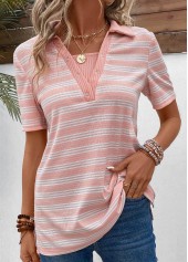 Pink tops,Striped tops,ROTITA Eyelet Striped Pink Shirt Collar Short Sleeve Blouse