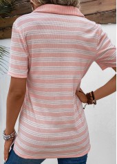 Pink tops,Striped tops,ROTITA Eyelet Striped Pink Shirt Collar Short Sleeve Blouse