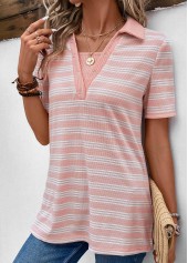 Pink tops,Striped tops,ROTITA Eyelet Striped Pink Shirt Collar Short Sleeve Blouse