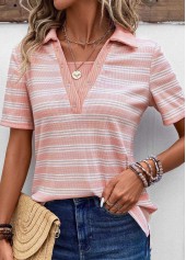 Pink tops,Striped tops,ROTITA Eyelet Striped Pink Shirt Collar Short Sleeve Blouse