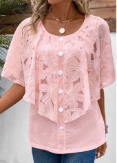 Pink tops,Plain Color tops,ROTITA Button Pink Round Neck Fake Two Piece Twinset
