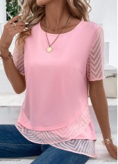 Pink tops,Plain Color tops,ROTITA Cross Hem Pink Round Neck Short Sleeve Blouse