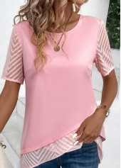 Pink tops,Plain Color tops,ROTITA Cross Hem Pink Round Neck Short Sleeve Blouse