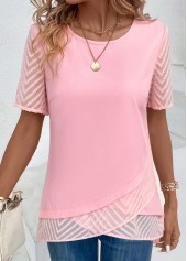 Pink tops,Plain Color tops,ROTITA Cross Hem Pink Round Neck Short Sleeve Blouse