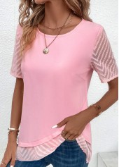 Pink tops,Plain Color tops,ROTITA Cross Hem Pink Round Neck Short Sleeve Blouse
