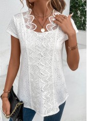 White tops,Plain Color tops,ROTITA Patchwork White Scoop Neck Short Sleeve Blouse
