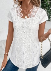 White tops,Plain Color tops,ROTITA Patchwork White Scoop Neck Short Sleeve Blouse