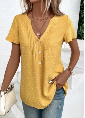 Light Yellow tops,Plain Color tops,ROTITA Jacquard Light Yellow V Neck Short Sleeve Blouse