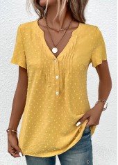 Light Yellow tops,Plain Color tops,ROTITA Jacquard Light Yellow V Neck Short Sleeve Blouse