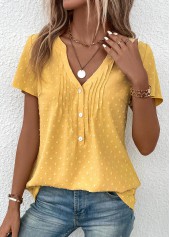 Light Yellow tops,Plain Color tops,ROTITA Jacquard Light Yellow V Neck Short Sleeve Blouse