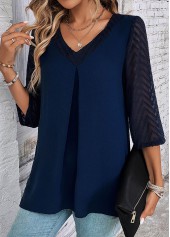 Navy tops,Plain Color tops,ROTITA Patchwork Navy V Neck Lace Blouse
