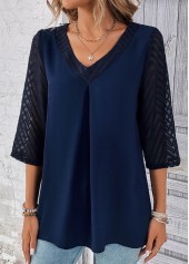 Navy tops,Plain Color tops,ROTITA Patchwork Navy V Neck Lace Blouse