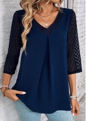 ROTITA Patchwork Navy V Neck Lace Blouse