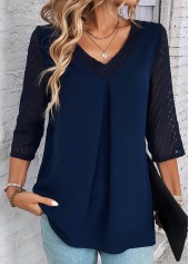Navy tops,Plain Color tops,ROTITA Patchwork Navy V Neck Lace Blouse
