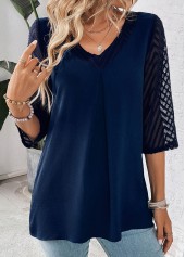 Navy tops,Plain Color tops,ROTITA Patchwork Navy V Neck Lace Blouse