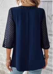 Navy tops,Plain Color tops,ROTITA Patchwork Navy V Neck Lace Blouse