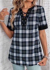 Black tops,Plaid tops,ROTITA Lace Up Plaid Black Split Neck Blouse