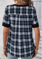 Black tops,Plaid tops,ROTITA Lace Up Plaid Black Split Neck Blouse