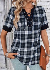 Black tops,Plaid tops,ROTITA Lace Up Plaid Black Split Neck Blouse