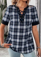 Black tops,Plaid tops,ROTITA Lace Up Plaid Black Split Neck Blouse