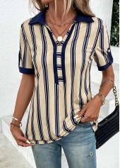 Beige tops,Navy tops,Striped tops,Geometric tops,ROTITA Patchwork Striped Beige Shirt Collar Short Sleeve Blouse