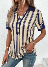 Beige tops,Navy tops,Striped tops,Geometric tops,ROTITA Patchwork Striped Beige Shirt Collar Short Sleeve Blouse