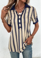Beige tops,Navy tops,Striped tops,Geometric tops,ROTITA Patchwork Striped Beige Shirt Collar Short Sleeve Blouse