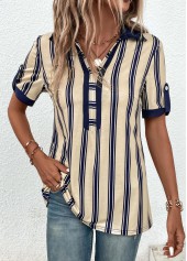 Beige tops,Navy tops,Striped tops,Geometric tops,ROTITA Patchwork Striped Beige Shirt Collar Short Sleeve Blouse