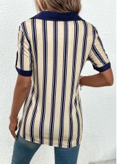 Beige tops,Navy tops,Striped tops,Geometric tops,ROTITA Patchwork Striped Beige Shirt Collar Short Sleeve Blouse
