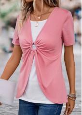 Pink tops,White tops,Contrast Color tops,ROTITA Pink V Neck Short Sleeve Fake Two Piece Twinset