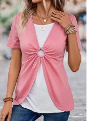 Pink tops,White tops,Contrast Color tops,ROTITA Pink V Neck Short Sleeve Fake Two Piece Twinset