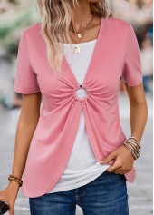 Pink tops,White tops,Contrast Color tops,ROTITA Pink V Neck Short Sleeve Fake Two Piece Twinset