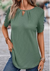 Sage Green tops,Plain Color tops,ROTITA Cut Out Sage Green Round Neck Short Sleeve Blouse