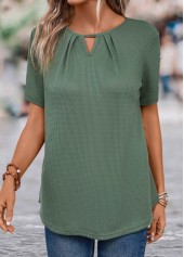 Sage Green tops,Plain Color tops,ROTITA Cut Out Sage Green Round Neck Short Sleeve Blouse
