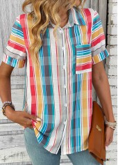 Multi Color tops,Rainbow Color tops,Plaid tops,Geometric tops,Striped tops,ROTITA Button Plaid Multi Color Shirt Collar Blouse