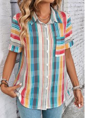 Multi Color tops,Rainbow Color tops,Plaid tops,Geometric tops,Striped tops,ROTITA Button Plaid Multi Color Shirt Collar Blouse