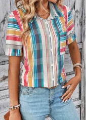 Multi Color tops,Rainbow Color tops,Plaid tops,Geometric tops,Striped tops,ROTITA Button Plaid Multi Color Shirt Collar Blouse