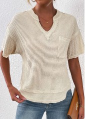 Beige tops,Plain Color tops,Pocket Beige Split Neck Short Sleeve T Shirt